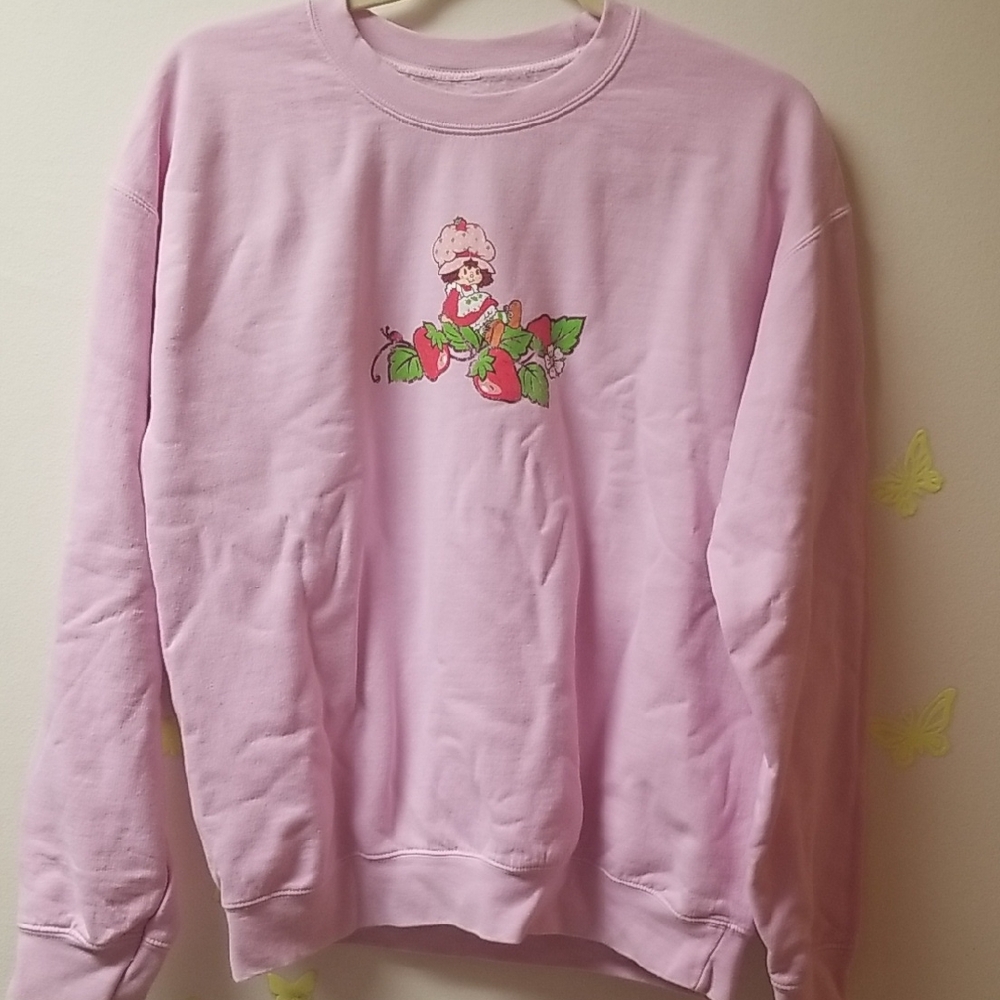 Strawberry Shortcake Pink Fleece Graphic Women Sweater Oversized XS/S New